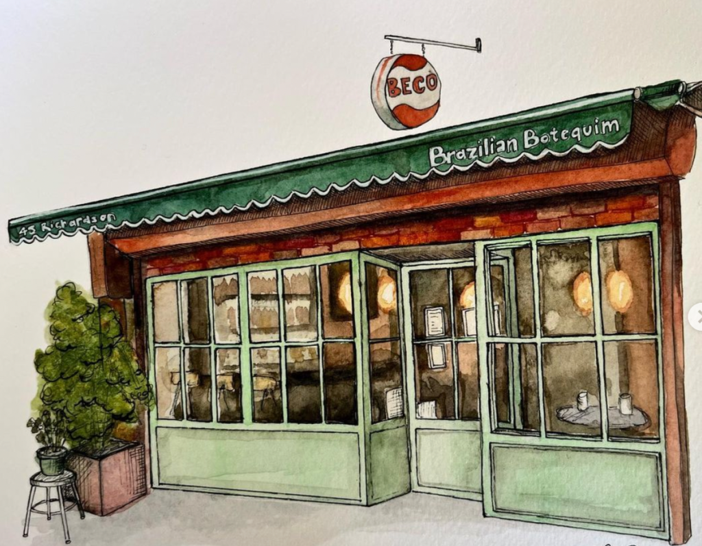 Ilustração da fachada do Beco Brazilian Botequim em Brooklyn.