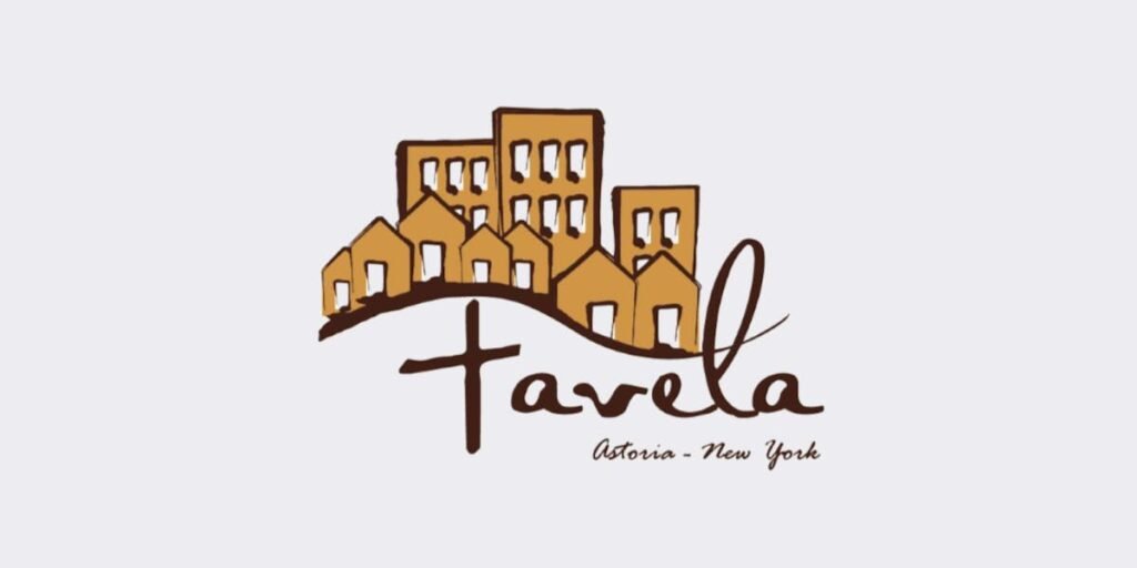 Logotipo do Favela Grill com ilustração de casas e referência a Astoria, New York