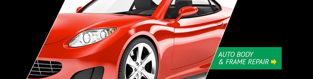 Ilustração de automóvel vermelho com texto sobre reparo de carroceria no site da DaSilva's Auto Body