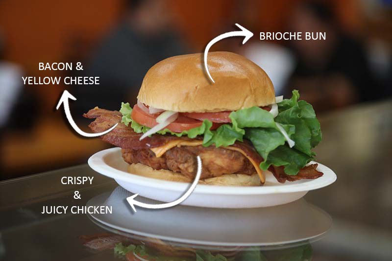 Hambúrguer de frango servido pelo Hamburgao