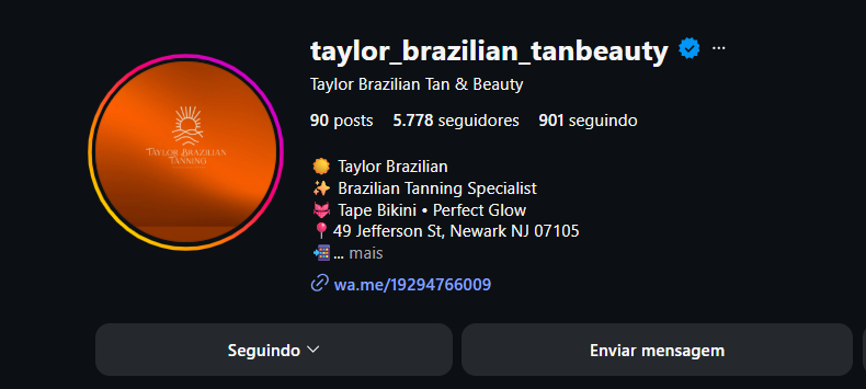 Perfil oficial da Taylor Brazilian Tan & Beauty no Instagram, com logotipo laranja e informações de contato