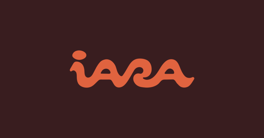 Logotipo laranja do iara sobre fundo vinho
