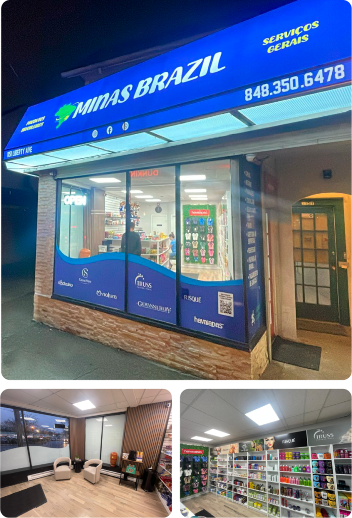 Fachada e interior da loja Minas Brazil em Hillside, New Jersey