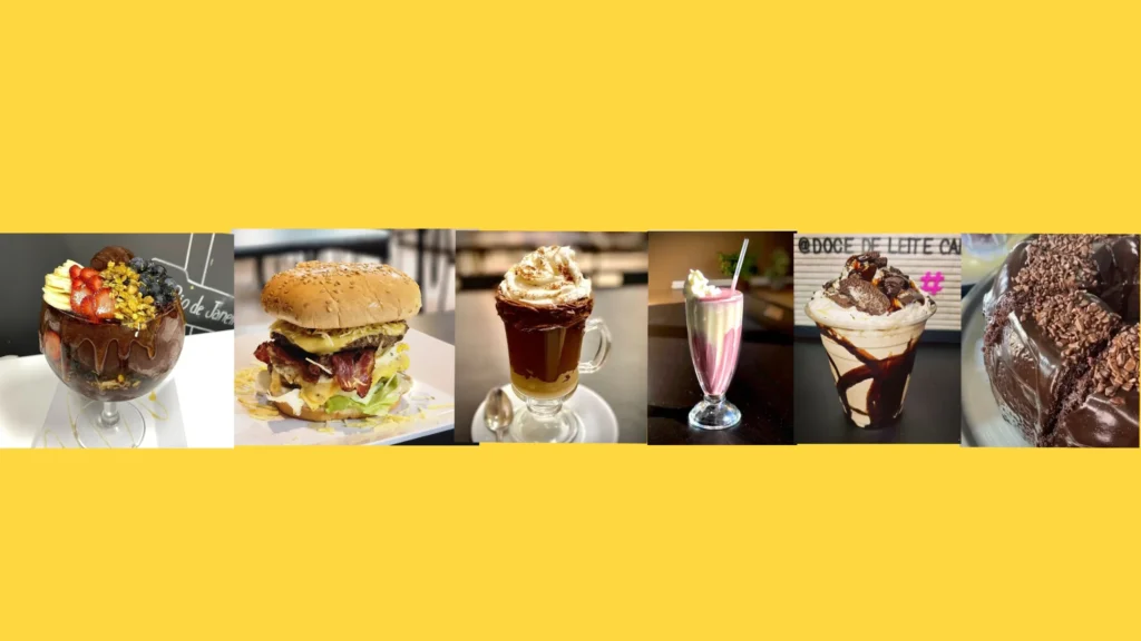 Seleção de sobremesas, bebidas e hambúrguer da Doce de Leite Cafe em Newark