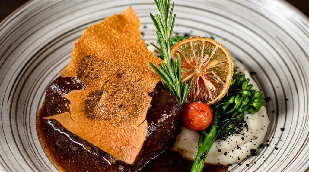 Prato de carne com purê, vegetais e guarnições servido pelo Q’tal Bar & Grill
